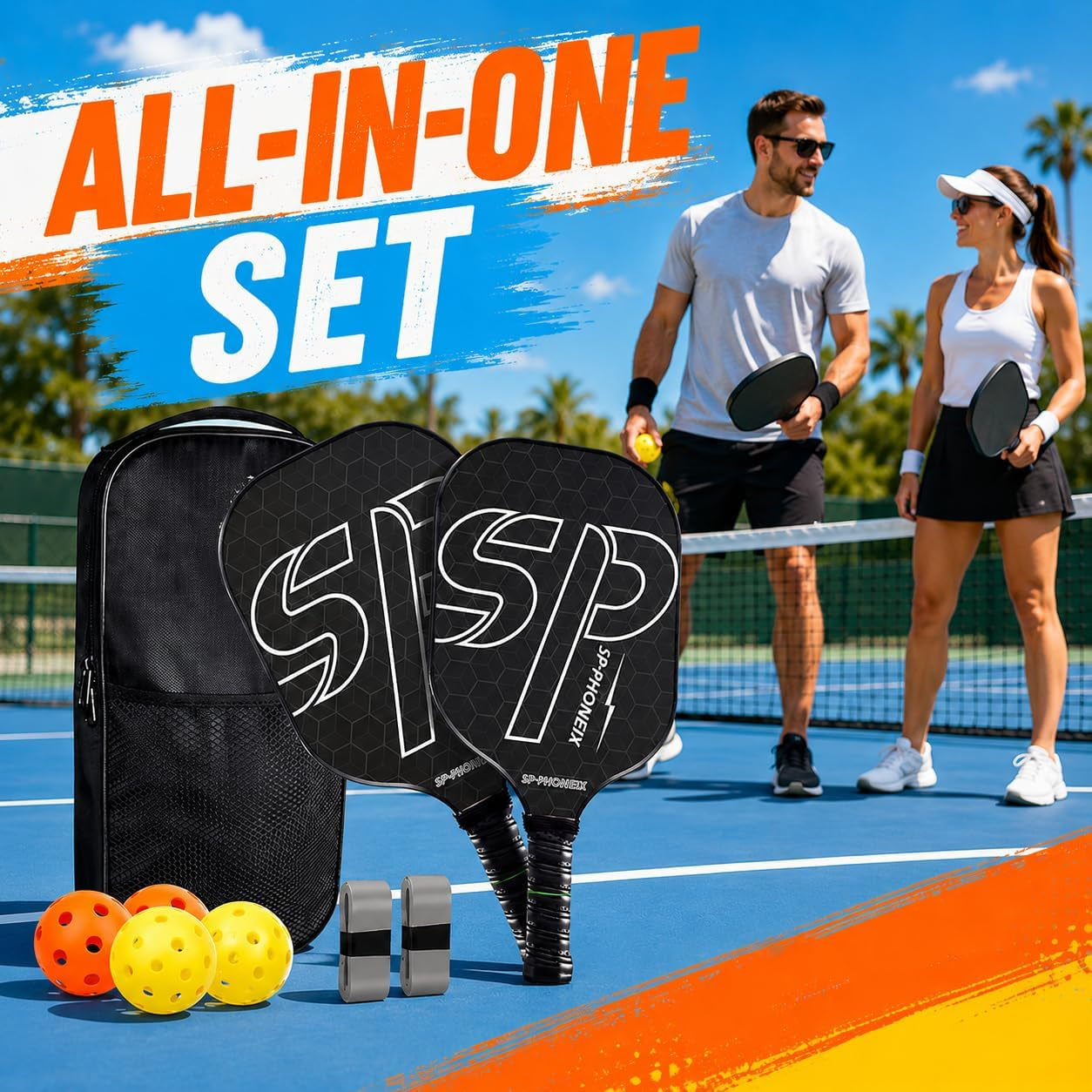 SPP Carbon Fiber Pickleball Racket Set, Honeycomb Core, 2 Paddles | Includes 4 Pickleballs and 2 Grip Tapes with a Lightweight Design and Comfort Grip for Enhanced Play.